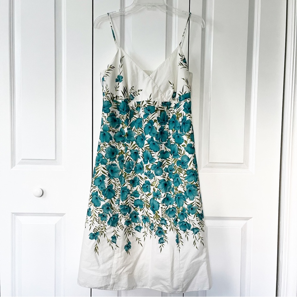 Ann Taylor White and Teal Floral Midi Dress